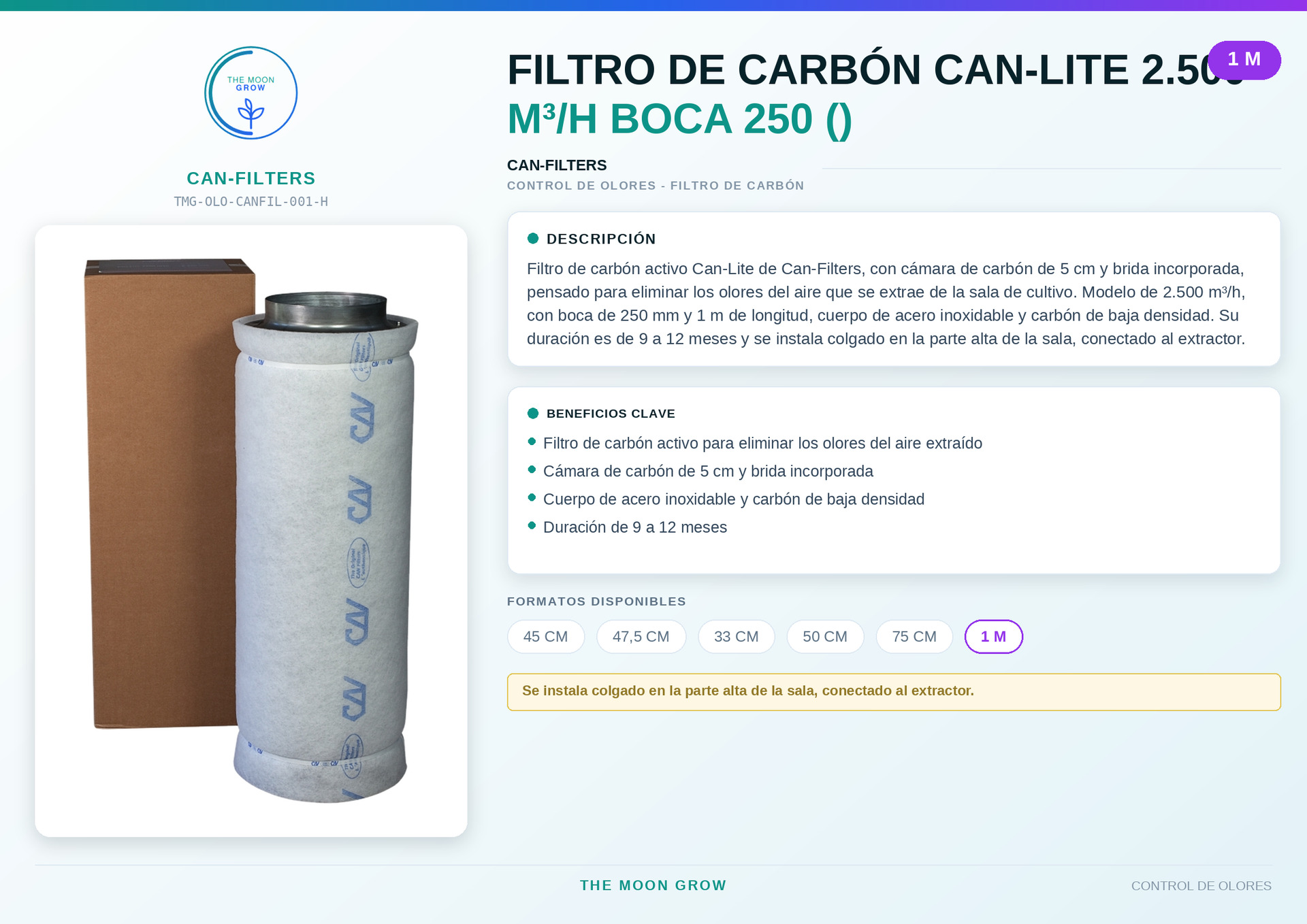 Filtro de carbón Can-Lite CAN-FILTERS 2.500 m³/h boca 250 (1 m)