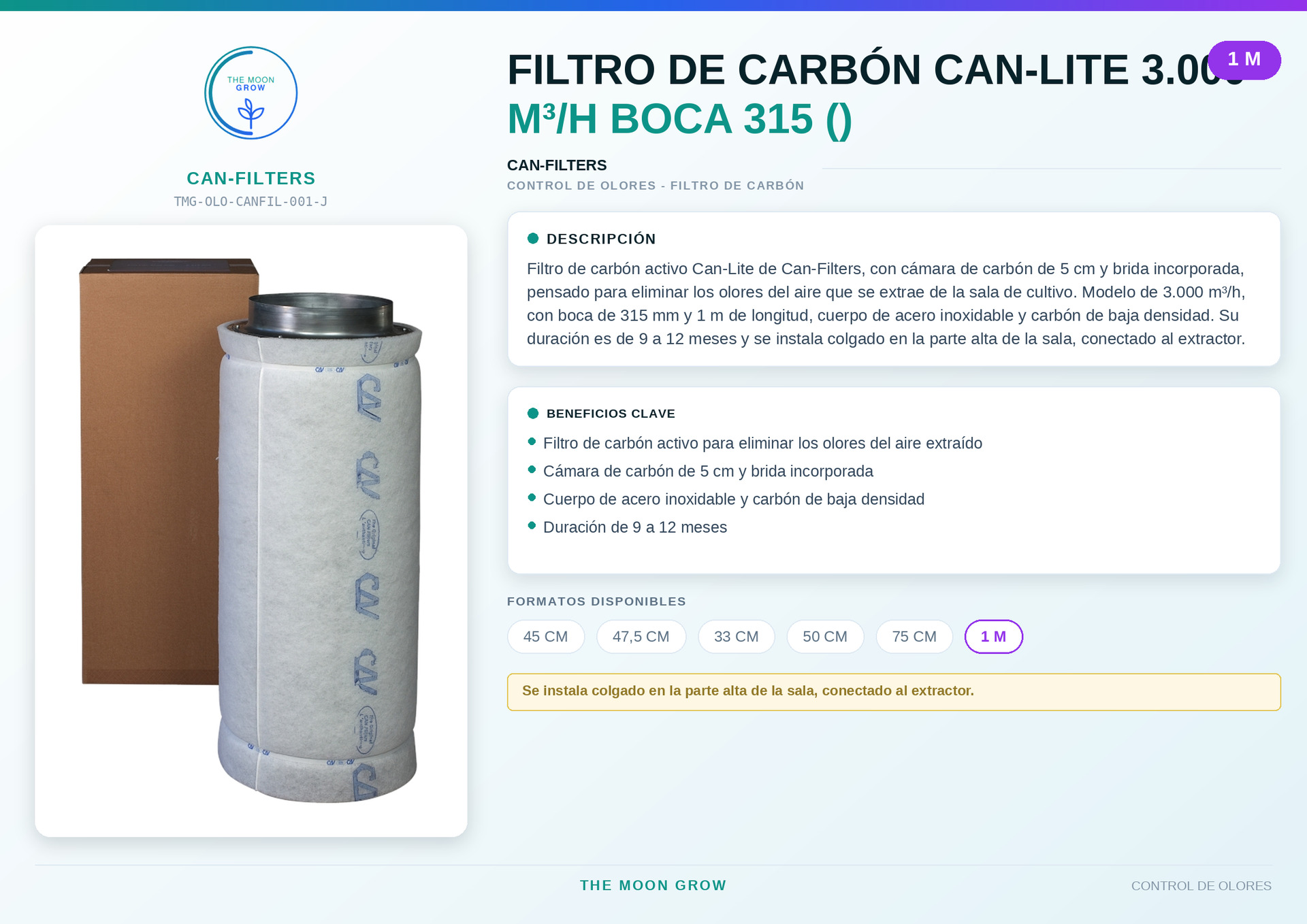 Filtro de carbón Can-Lite CAN-FILTERS 3.000 m³/h boca 315 (1 m)