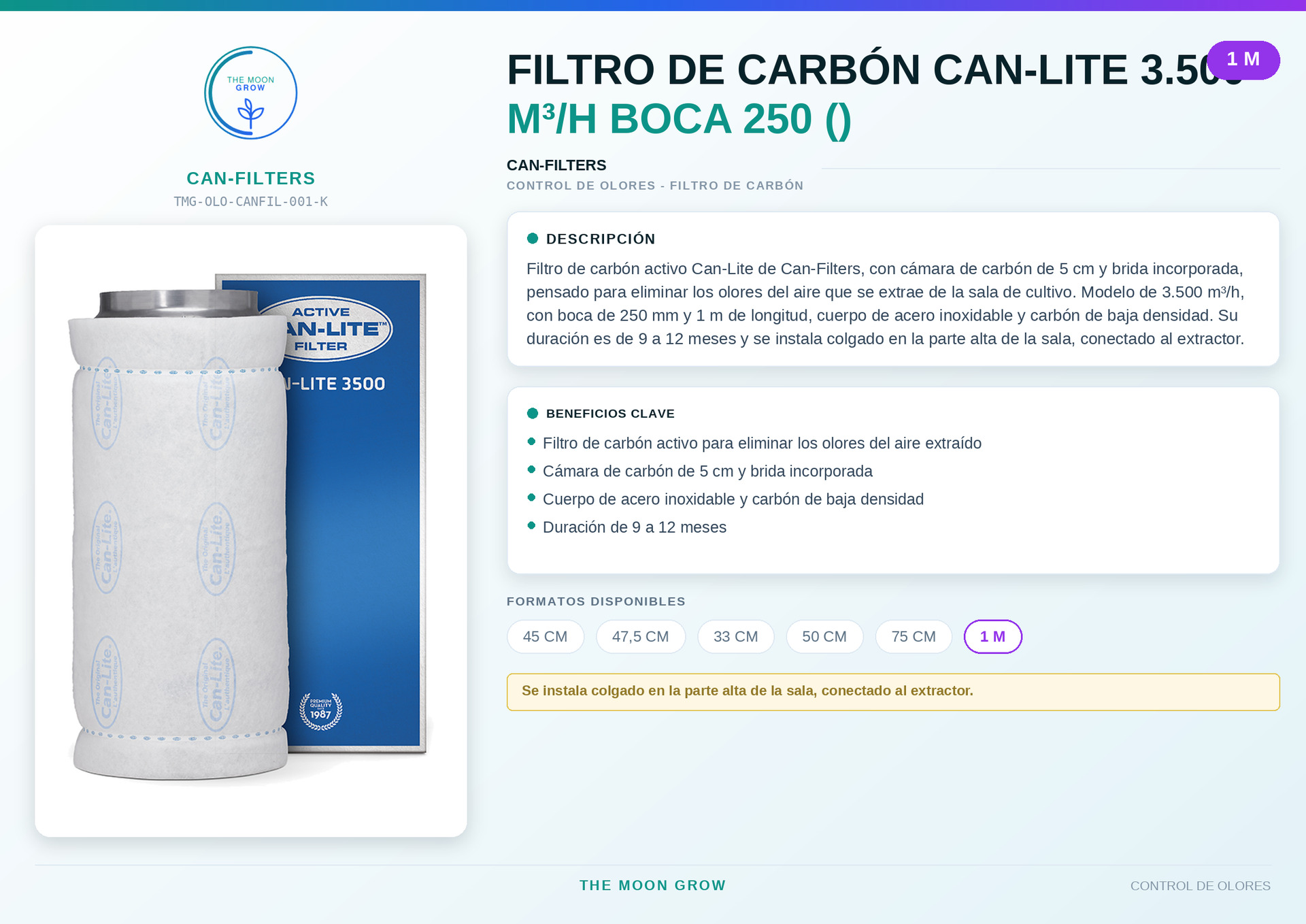 Filtro de carbón Can-Lite CAN-FILTERS 3.500 m³/h boca 250 (1 m)