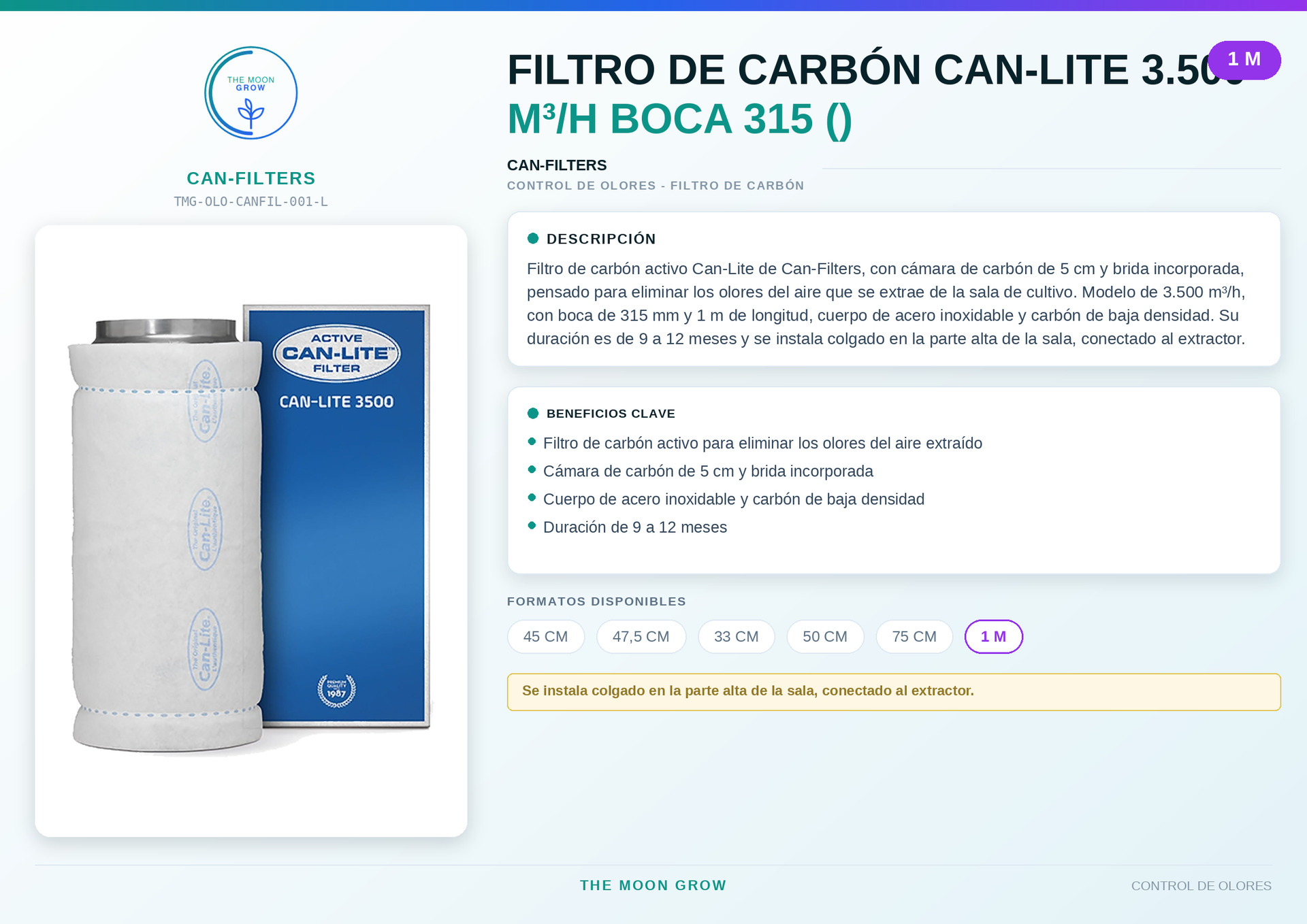 Filtro de carbón Can-Lite CAN-FILTERS 3.500 m³/h boca 315 (1 m)